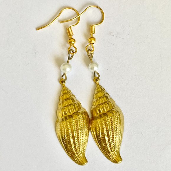 Vintage Conch Shell Pearl Earrings Gold Plated Dangle Sea Life Island Nautical - Picture 8 of 11